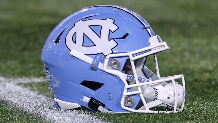 Oct 28, 2023; Atlanta, Georgia, USA; A detailed view of a North Carolina Tar Heels helmet on the field before a game against the Georgia Tech Yellow Jackets at Bobby Dodd Stadium at Hyundai Field. Mandatory Credit: Brett Davis-Imagn Images