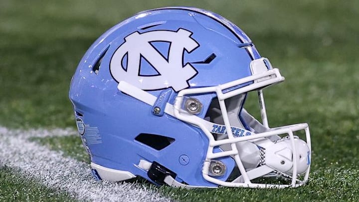 Oct 28, 2023; Atlanta, Georgia, USA; A detailed view of a North Carolina Tar Heels helmet on the field before a game against the Georgia Tech Yellow Jackets at Bobby Dodd Stadium at Hyundai Field. Mandatory Credit: Brett Davis-Imagn Images