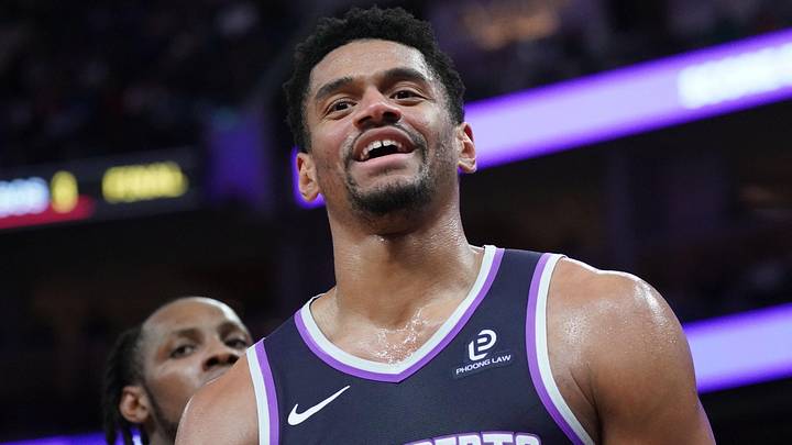 Apr 7, 2026; San Francisco, California, USA;  Sacramento Kings center Dylan Cardwell (32) smiles after getting called for a foul against the Golden State Warriors in the fourth quarter at Chase Center. Mandatory Credit: David Gonzales-Imagn Images
