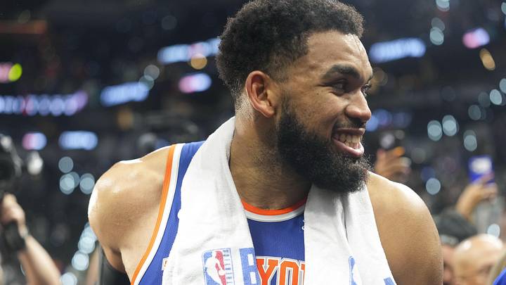 Jun 5, 2026; San Antonio, Texas, USA; New York Knicks center Karl-Anthony Towns (32) walks off the court after the Knicks defeat the San Antonio Spurs in game two of the 2026 NBA Finals at Frost Bank Center. Mandatory Credit: Scott Wachter-Imagn Images Jun 5, 2026; San Antonio, Texas, USA; New York Knicks center Karl-Anthony Towns (32) walks off the court after the Knicks defeat the San Antonio Spurs in game two of the 2026 NBA Finals at Frost Bank Center. Mandatory Credit: Scott Wachter-Imagn Images