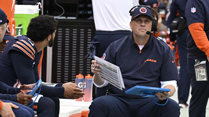 Shane Waldron goes over a play with Caleb Williams during the Bears' win over the Rams earlier this season. Shane Waldron goes over a play with Caleb Williams during the Bears' win over the Rams earlier this season.