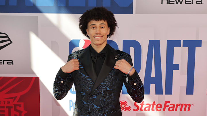 Jun 25, 2025; Brooklyn, NY, USA; Nolan Traore arrives before the first round of the 2025 NBA Draft at Barclays Center. Mandatory Credit: Brad Penner-Imagn Images Jun 25, 2025; Brooklyn, NY, USA; Nolan Traore arrives before the first round of the 2025 NBA Draft at Barclays Center. Mandatory Credit: Brad Penner-Imagn Images