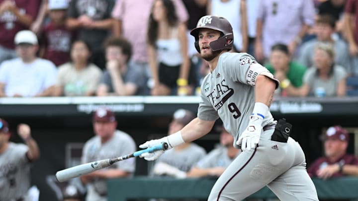 Texas A&M Aggies first baseman Gavin Grahovac (9) drives in a run.