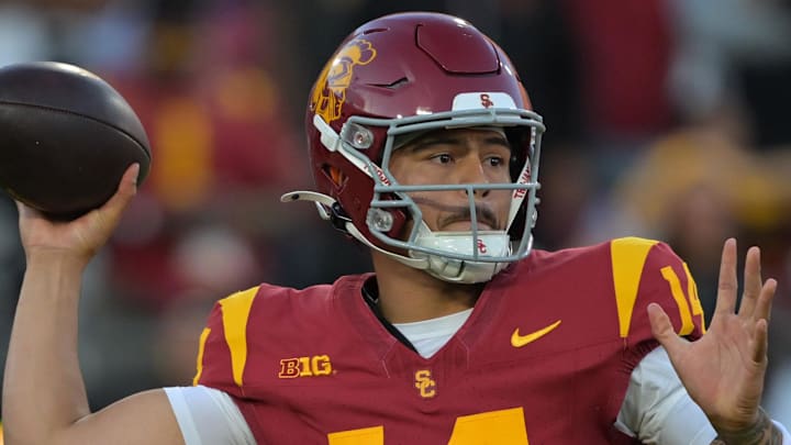 Oct 11, 2025; Los Angeles, California, USA; USC Trojans quarterback Jayden Maiava (14) throws a pass in the first half against the Michigan Wolverines at United Airlines Field at the Los Angeles Memorial Coliseum. Mandatory Credit: Jayne Kamin-Oncea-Imagn Images Oct 11, 2025; Los Angeles, California, USA; USC Trojans quarterback Jayden Maiava (14) throws a pass in the first half against the Michigan Wolverines at United Airlines Field at the Los Angeles Memorial Coliseum. Mandatory Credit: Jayne Kamin-Oncea-Imagn Images