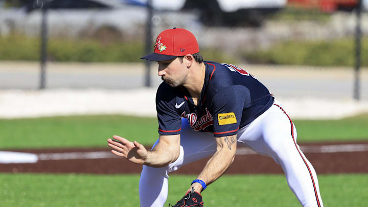 Feb 10, 2026; North Port, FL, USA;  Atlanta Braves pitcher Spencer Strider (99) works out during spring training workouts. Mandatory Credit: Kim Klement Neitzel-Imagn Images