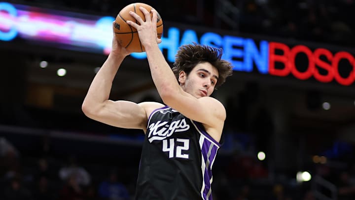 Feb 1, 2026; Washington, District of Columbia, USA; Sacramento Kings center Maxime Raynaud (42) grabs a rebound during the first half against the Washington Wizards at Capital One Arena. Mandatory Credit: Daniel Kucin Jr.-Imagn Images