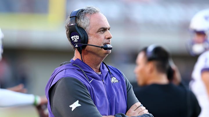 Nov 2, 2023; Lubbock, Texas, USA; Texas Christian Horned Frogs head coach Sonny Dykes watches during a time out in the first half during the game against the Texas Tech Red Raiders at Jones AT&T Stadium and Cody Campbell Field. Mandatory Credit: Michael C. Johnson-Imagn Images