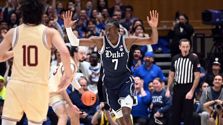Feb 3, 2026; Durham, North Carolina, USA;  Duke Blue Devils forward Dame Sarr (7) reacts after dunking during the first half against the Boston College Eagles at Cameron Indoor Stadium. Mandatory Credit: Rob Kinnan-Imagn Images