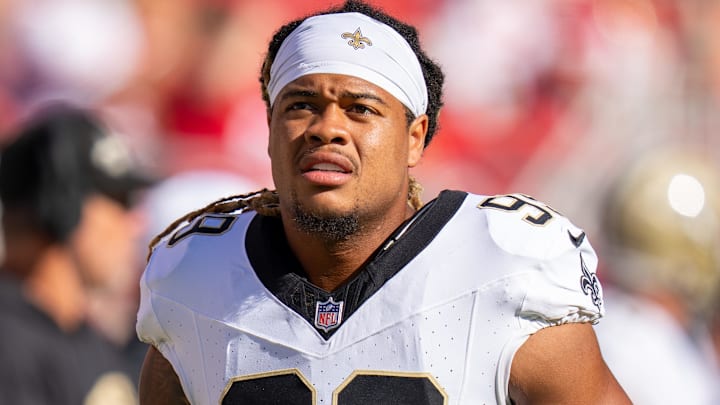 August 18, 2024; Santa Clara, California, USA; New Orleans Saints defensive end Chase Young (99) before the game against the San Francisco 49ers at Levi's Stadium. Mandatory Credit: Kyle Terada-Imagn Images