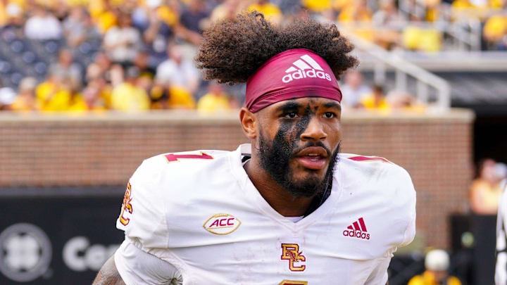 Sep 14, 2024; Columbia, Missouri, USA; Boston College Eagles quarterback Thomas Castellanos (1) returns to the sidelines after a score against the Missouri Tigers during the first half at Faurot Field at Memorial Stadium. Mandatory Credit: Denny Medley-Imagn Images