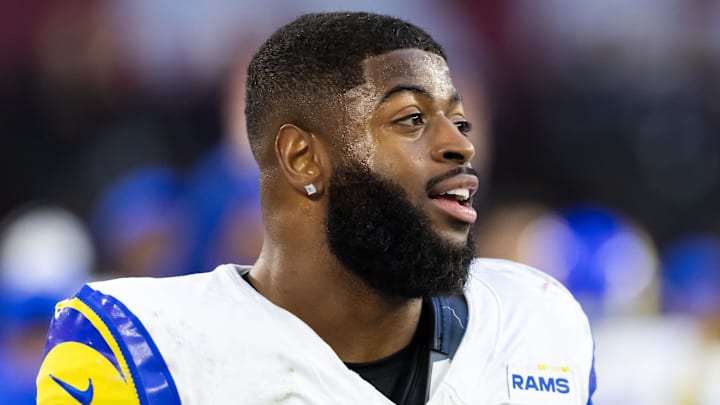 Dec 7, 2025; Glendale, Arizona, USA; Los Angeles Rams linebacker Jared Verse (8) against the Arizona Cardinals at State Farm Stadium. Mandatory Credit: Mark J. Rebilas-Imagn Images