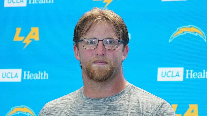 Aug 18, 2026; El Segundo, CA, USA; Los Angeles Chargers center Jake Slaughter (66) at press conference during joint practice with the San Francisco 49ers at The Bolt. Mandatory Credit: Kirby Lee-Imagn Images