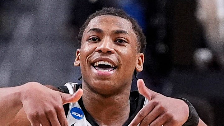 Michigan State guard Jeremy Fears Jr. (1) celebrates 77-69 win over Louisville at the NCAA Tournament Second Round at KeyBank Center in Buffalo on Saturday, March 21, 2026.