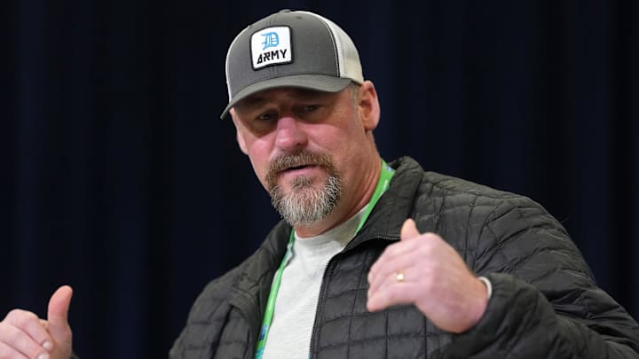Detroit Lions coach Dan Campbell speaks at the NFL Scouting Combine at the Indiana Convention Center