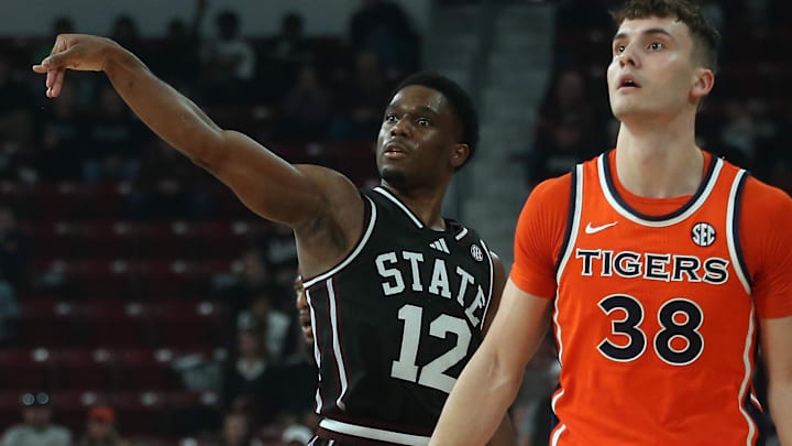 Mississippi State Bulldogs guard Josh Hubbard (12) holds shooting for three during the second half against the Auburn Tigers at Humphrey Coliseum.