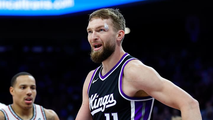 Mar 17, 2025; Sacramento, California, USA; Sacramento Kings forward Domantas Sabonis (11) reacts after a play during the second quarter against the Memphis Grizzlies at Golden 1 Center.