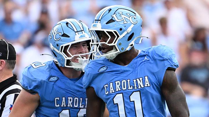 Sep 12, 2026; Chapel Hill, North Carolina, USA; North Carolina Tar Heels defensive end Jaylen Harvey (11) celebrates with linebacker Peyton Seelmann (10) after making a sack in the second quarter at Kenan Stadium. Mandatory Credit: Bob Donnan-Imagn Images Sep 12, 2026; Chapel Hill, North Carolina, USA; North Carolina Tar Heels defensive end Jaylen Harvey (11) celebrates with linebacker Peyton Seelmann (10) after making a sack in the second quarter at Kenan Stadium. Mandatory Credit: Bob Donnan-Imagn Images