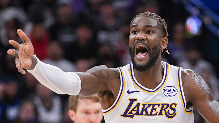 Los Angeles Lakers center Deandre Ayton reacts to a call during the fourth quarter of the game against the Sacramento Kings at Golden 1 Center.