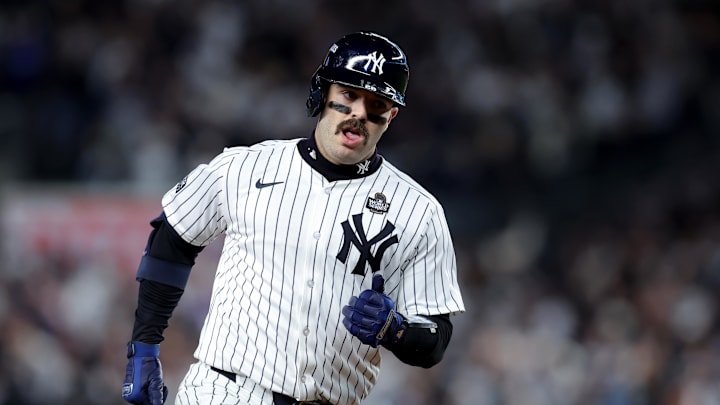 Oct 29, 2024; New York, New York, USA; New York Yankees catcher Austin Wells (28) rounds the bases after hitting a home run during the sixth inning against the Los Angeles Dodgers in game four of the 2024 MLB World Series at Yankee Stadium. 