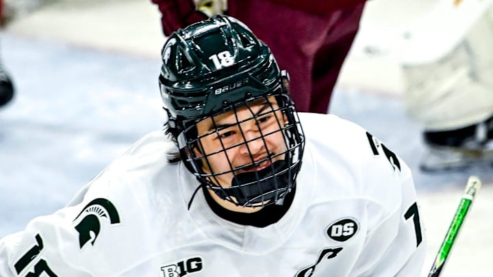 Michigan State's Ryker Lee celebrates his goal against Minnesota during the first period on Friday, Jan. 23, 2026, at Munn Ice Arena in East Lansing.