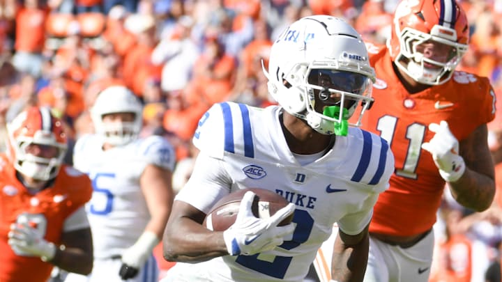 Duke Blue Devils wide receiver Sahmir Hagans (2) converts a two-point conversion Saturday, Nov. 1, 2025, during the NCAA football game against the Clemson Tigers at Memorial Stadium in Clemson, South Carolina. Duke Blue Devils wide receiver Sahmir Hagans (2) converts a two-point conversion Saturday, Nov. 1, 2025, during the NCAA football game against the Clemson Tigers at Memorial Stadium in Clemson, South Carolina.