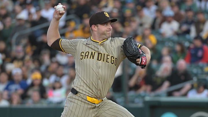 Apr 7, 2025; West Sacramento, California, USA; San Diego Padres pitcher Michael King (34) throws a pitch against the Athletics during the first inning at Sutter Health Park. Mandatory Credit: Ed Szczepanski-Imagn Images