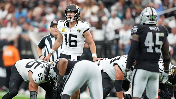 Nov 2, 2025; Paradise, Nevada, USA; Jacksonville Jaguars quarterback Trevor Lawrence (16) makes a call during the first half against the Las Vegas Raiders at Allegiant Stadium. Mandatory Credit: Kirby Lee-Imagn Images