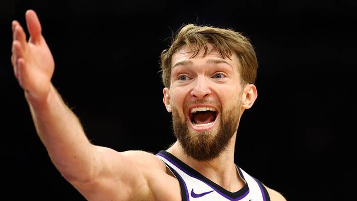 Jan 16, 2024; Phoenix, Arizona, USA; Sacramento Kings forward Domantas Sabonis (10) reacts against the Phoenix Suns at Footprint Center. Mandatory Credit: Mark J. Rebilas-USA TODAY Sports