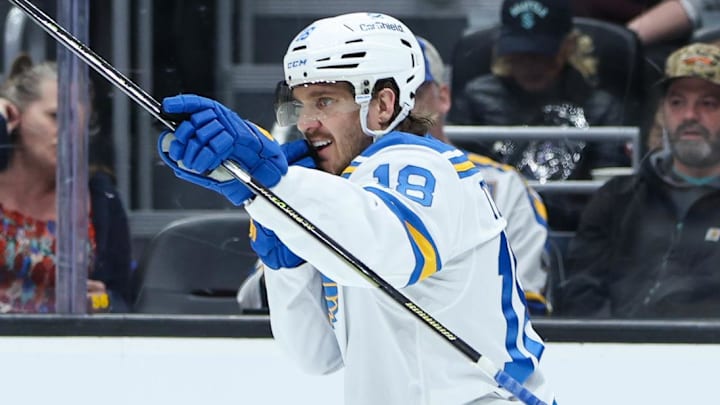 Mar 4, 2026; Seattle, Washington, USA; St. Louis Blues center Robert Thomas (18) reacts after scoring a goal in the third period against the Seattle Kraken at Climate Pledge Arena. Mandatory Credit: Kevin Ng-Imagn Images