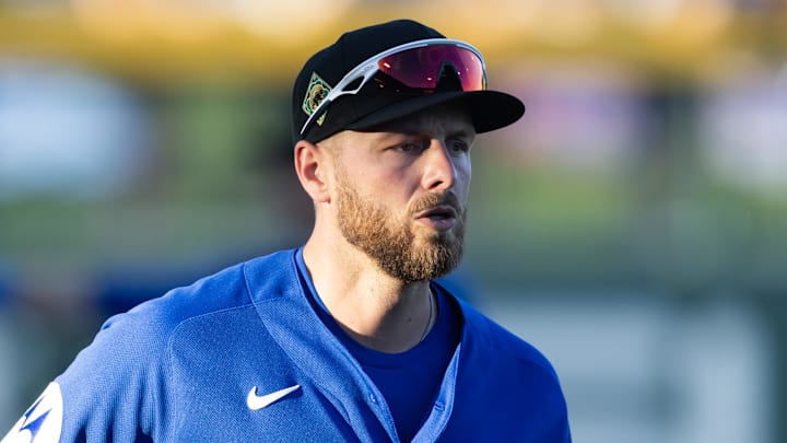 Chicago Cubs first baseman Michael Busch against the Los Angeles Angels during a spring training game at Sloan Park. Chicago Cubs first baseman Michael Busch against the Los Angeles Angels during a spring training game at Sloan Park.