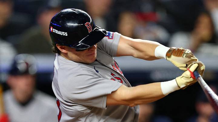 Sep 30, 2026; Bronx, New York, USA; Boston Red Sox outfielder Nate Eaton (18) hits a double in the third inning against the New York Yankees during game two of the Wildcard round for the 2026 MLB Playoffs at Yankee Stadium. Mandatory Credit: Vincent Carchietta-Imagn Images Sep 30, 2026; Bronx, New York, USA; Boston Red Sox outfielder Nate Eaton (18) hits a double in the third inning against the New York Yankees during game two of the Wildcard round for the 2026 MLB Playoffs at Yankee Stadium. Mandatory Credit: Vincent Carchietta-Imagn Images