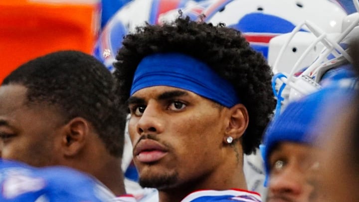 Buffalo Bills wide receiver Keon Coleman (0) watches the play on the Jumbotron during second half action at the Bills home game against the New York Jets at Highmark Stadium in Orchard Park on Dec. 29, 2024.