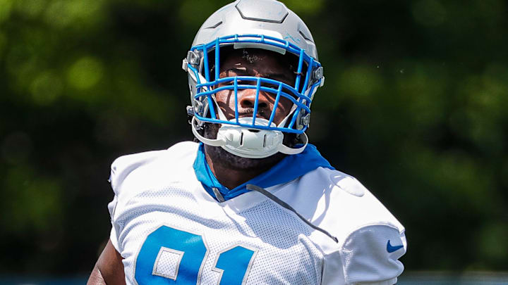 Defensive end Levi Onwuzurike practices during minicamp at Detroit Lions headquarters and practice facility in Allen Park on Tuesday, June 4, 2024.