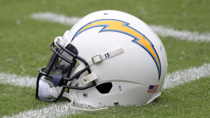 Sep 17, 2017; Carson, CA, USA; Los Angeles Chargers helmet of wide receiver Dontrelle Inman (not pictured) during a NFL football game against the Miami Dolphins at StubHub Center. Mandatory Credit: Kirby Lee-Imagn Images Sep 17, 2017; Carson, CA, USA; Los Angeles Chargers helmet of wide receiver Dontrelle Inman (not pictured) during a NFL football game against the Miami Dolphins at StubHub Center. Mandatory Credit: Kirby Lee-Imagn Images