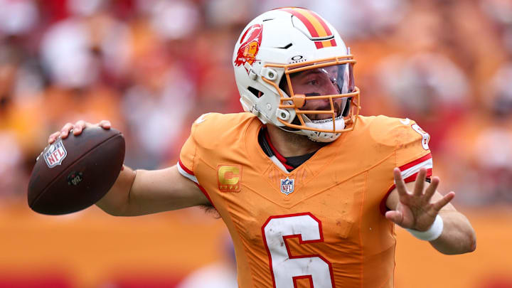 Oct 27, 2024; Tampa, Florida, USA;  Tampa Bay Buccaneers quarterback Baker Mayfield (6) drops back to pass against the Atlanta Falcons in the third quarter at Raymond James Stadium. Mandatory Credit: Nathan Ray Seebeck-Imagn Images