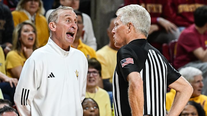 Mar 7, 2026; Ames, Iowa, USA; Arizona State Sun Devils head coach Bobby Hurley reacts with an official during the second half against the Iowa State Cyclones at James H. Hilton Coliseum. Mandatory Credit: Jeffrey Becker-Imagn Images