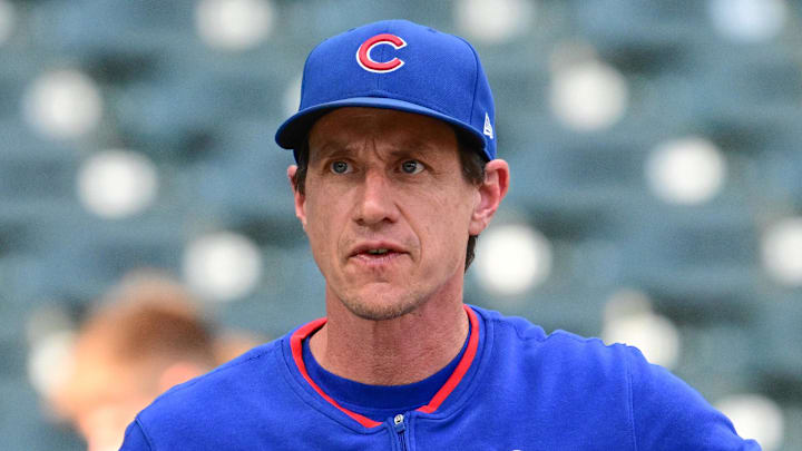 Jul 28, 2025; Milwaukee, Wisconsin, USA;  Chicago Cubs manager Craig Counsell looks on during batting practice before game against the Milwaukee Brewers at American Family Field. 