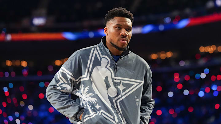 Feb 15, 2026; Inglewood, California, USA; Team World forward Giannis Antetokounmpo (34) of the Milwaukee Bucks looks on during the 75th NBA All-Star Game at Intuit Dome. Mandatory Credit: Kirby Lee-Imagn Images