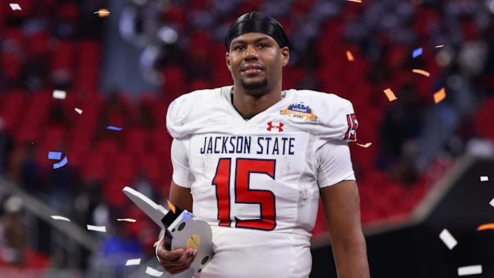 Dec 14, 2024; Atlanta, GA, USA; Jackson State Tigers quarterback Jacobian Morgan (15) celebrates after a victory over the South Carolina State Bulldogs in the Celebration Bowl at Mercedes-Benz Stadium. Mandatory Credit: Brett Davis-Imagn Images
