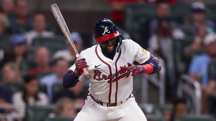 Sep 22, 2025; Atlanta, Georgia, USA; Atlanta Braves left fielder Jurickson Profar (7) gets out of the way of a pitch against the Washington Nationals in the second inning at Truist Park. Mandatory Credit: Brett Davis-Imagn Images