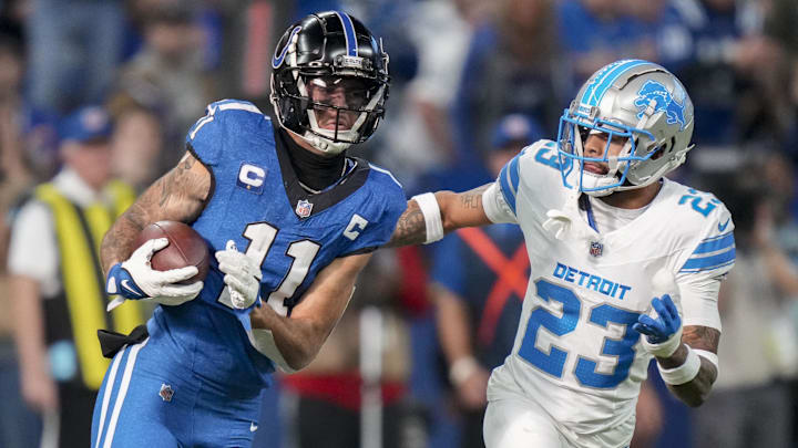 Detroit Lions cornerback Carlton Davis III (23) chases after Indianapolis Colts wide receiver Michael Pittman Jr. (11) 