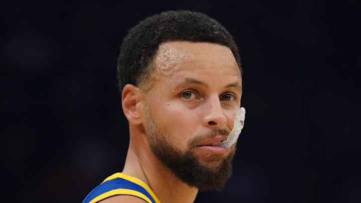 Golden State Warriors guard Stephen Curry waits for play to resume against the Portland Trail Blazers.