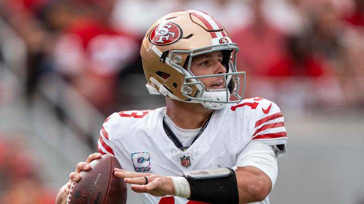 September 28, 2025; Santa Clara, California, USA; San Francisco 49ers quarterback Brock Purdy (13) during the third quarter against the Jacksonville Jaguars at Levi's Stadium. Mandatory Credit: Kyle Terada-Imagn Images