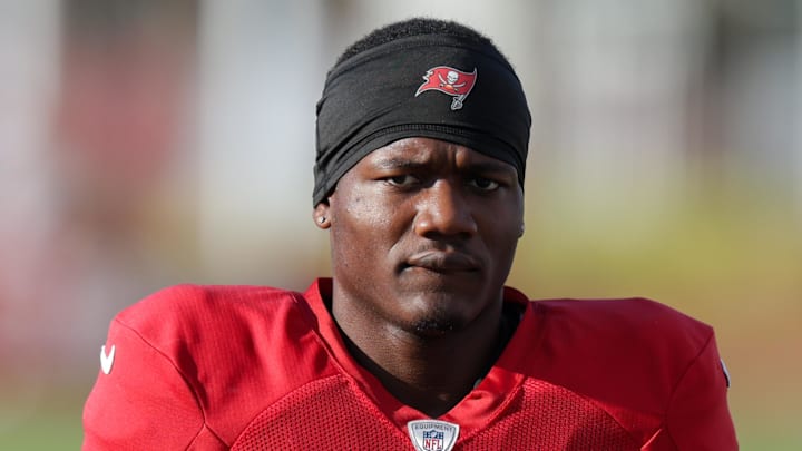 Jul 31, 2025; Tampa, FL, USA; Tampa Bay Buccaneers running back Bucky Irving (7) participates in training camp at AdventHealth Training Center. Mandatory Credit: Nathan Ray Seebeck-Imagn Images