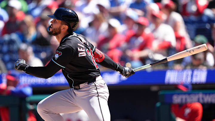 Apr 11, 2026; Philadelphia, Pennsylvania, USA; Arizona Diamondbacks catcher Adrian Del Castillo (25) hits an RBI single against the Philadelphia Phillies in the first inning at Citizens Bank Park. Mandatory Credit: Kyle Ross-Imagn Images Apr 11, 2026; Philadelphia, Pennsylvania, USA; Arizona Diamondbacks catcher Adrian Del Castillo (25) hits an RBI single against the Philadelphia Phillies in the first inning at Citizens Bank Park. Mandatory Credit: Kyle Ross-Imagn Images