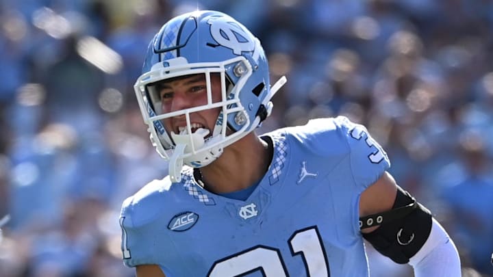 Sep 16, 2023; Chapel Hill, North Carolina, USA; North Carolina Tar Heels defensive back Will Hardy (31) reacts in the second quarter at Kenan Memorial Stadium. Mandatory Credit: Bob Donnan-Imagn Images