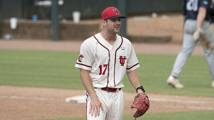 Jun 6, 2024; Cary, NC, USA; Tampa Spartans Andrew Carson (17) during the DII Baseball Men's College World Series at USA Baseball National Training Complex. Mandatory Credit: Jeffrey Camarati-Imagn Images