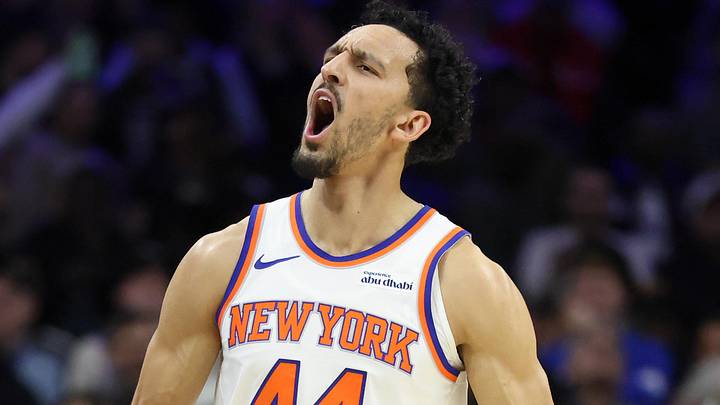 Jan 24, 2026; Philadelphia, Pennsylvania, USA; New York Knicks guard Landry Shamet (44) reacts after a score against the Philadelphia 76ers during the fourth quarter at Xfinity Mobile Arena. Mandatory Credit: Bill Streicher-Imagn Images
