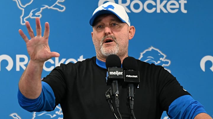 Jul 28, 2025; Allen Park, MI, USA;  Detroit Lions offensive coordinator John Morton talks with the media before the Lions take the field for practice at Meijer Performance Center. Jul 28, 2025; Allen Park, MI, USA;  Detroit Lions offensive coordinator John Morton talks with the media before the Lions take the field for practice at Meijer Performance Center.
