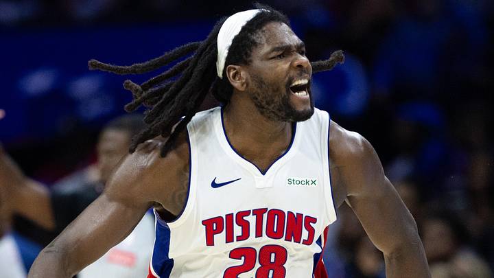 Oct 30, 2024; Philadelphia, Pennsylvania, USA; Detroit Pistons center Isaiah Stewart (28) reacts after a forward Tim Hardaway Jr. (not pictured) score against the Philadelphia 76ers during the fourth quarter at Wells Fargo Center. Mandatory Credit: Bill Streicher-Imagn Images